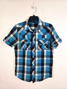 Western Pearl Snap Shirt Mens M Blue Plaid
